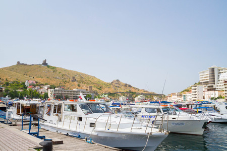 Balaklava, Crimea, Russia, 24 Jun, 2016. The embankment in Balaklava in the Crimea, the jetty with boatsのeditorial素材