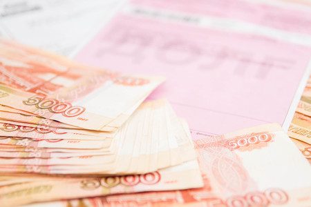 Russian money five thousand roubles with payment receiptsの写真素材
