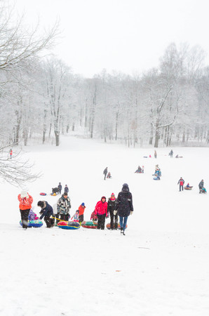 The Alexandria Park Of Petergof, Saint Petersburg, Russia. 15 Jan, 2017. Winter fun skating hills with snow on cheesecakes sleigh and snowのeditorial素材