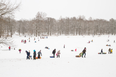 The Alexandria Park Of Petergof, Saint Petersburg, Russia. 21 Jan, 2018. Winter fun skating hills with snow on cheesecakes sleigh and snowのeditorial素材