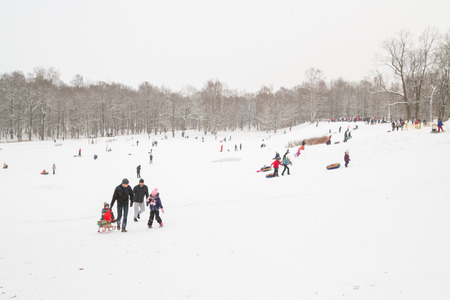 The Alexandria Park Of Petergof, Saint Petersburg, Russia. 21 Jan, 2018. Winter fun skating hills with snow on cheesecakes sleigh and snowのeditorial素材