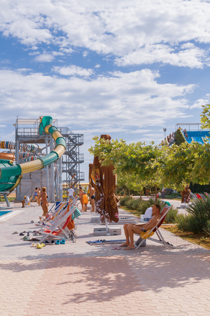 Water Park Banana Republic, Evpatoria, Crimea, Russia. June 18, 2018. Banana Republic water Park on a summer day.のeditorial素材