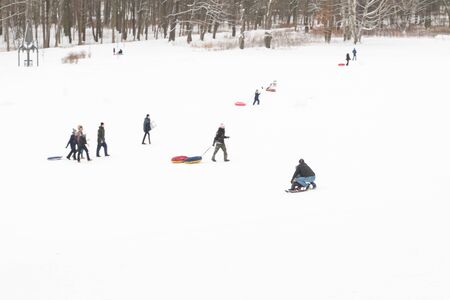 Alexandria Park, Peterhof, St. Petersburg, Russia 04 January 2019. Winter fun skiing with snow...