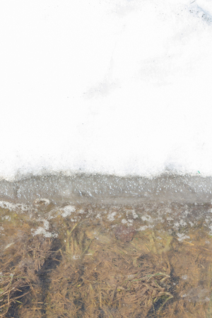 Spring flood carries the snow and turns into a puddle outside the cityの写真素材