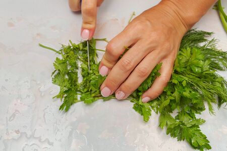 Cutting fresh greens and green onions on a white cutting Boardの写真素材