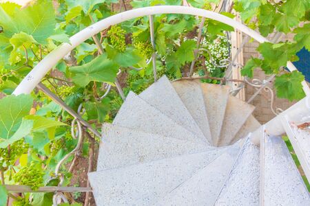 Gray spiral staircase at the private house in summerの写真素材