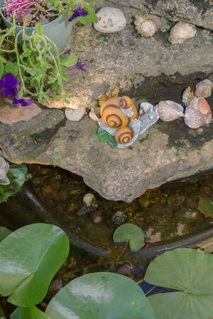 Landscape decoration in the form of a fountain with a snail and shells in the yardの写真素材