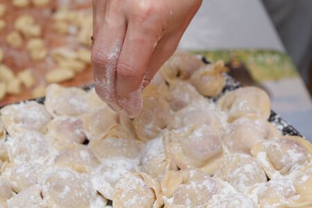 Modeling and cooking homemade dumplings by the family at homeの写真素材