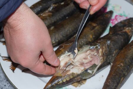 Smoked fresh fish mackerel lies hot on a ceramic plateの写真素材