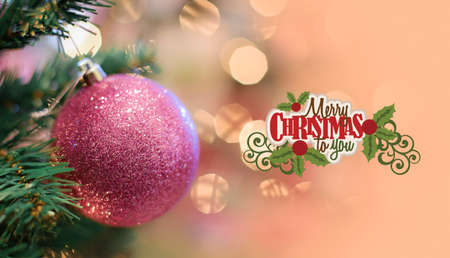 Christmas background with fir tree and decor. Top view with copy spaceの写真素材