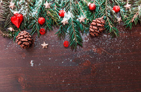 Christmas background with fir tree and decor. Top view with copy spaceの写真素材