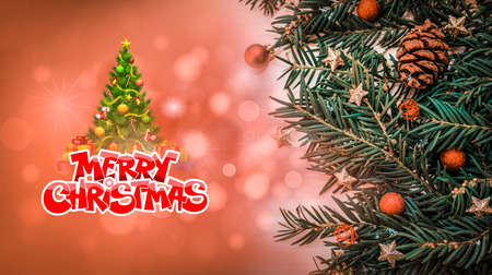 Christmas background with fir tree and decor. Top view with copy spaceの写真素材