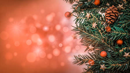 Christmas background with fir tree and decor. Top view with copy spaceの写真素材