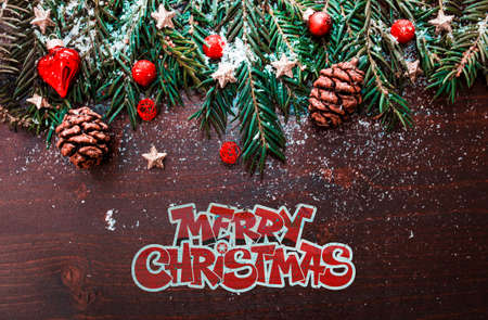 Christmas background with fir tree and decor. Top view with copy spaceの写真素材