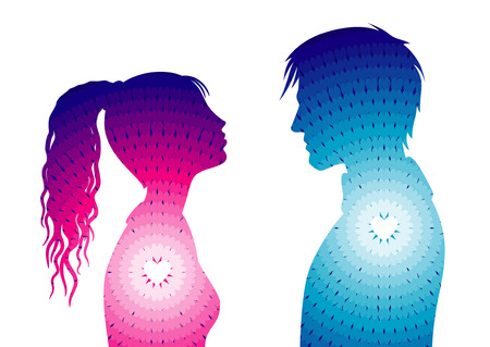 Male and female silhouettes with heartsのイラスト素材