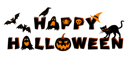 Happy Halloween lettering. Text and vector elements: bats, crow, pumpkin, jack o'lantern, ghosts, spider, skull, black cat and witch's hat. Vector illustration, isolated on white backgroundのイラスト素材