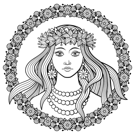 Young beautiful woman in a wreath of flowers on her head, with floral frame. Black and white hand-drawn vector illustration. Coloring page for adultsのイラスト素材