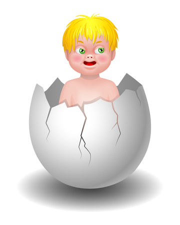 Image of a baby hatched from an egg. Little child with blond hair and green eyes sitting in a broken egg. Vector conceptual illustration, isolated on whiteのイラスト素材