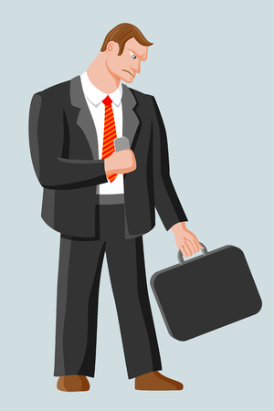 Strict harsh man with business case and mobile phone. Man with brown hair wearing business suit, white shirt and red striped tieのイラスト素材