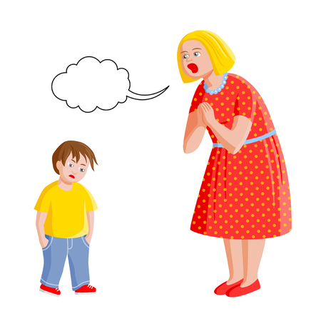 Mother scolds her son. Angry blond woman in red dress with polka dot pattern and little sad boy in jeans and yellow t-short. Vector illustration, isolated on whiteのイラスト素材