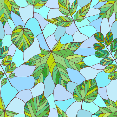 Seamless pattern with green leaves. Seamless background with maple, acacia, and linden leaves in stained glass styleのイラスト素材