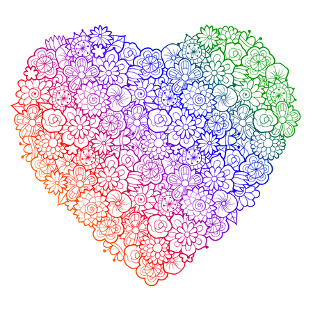 Big decorative heart with floral ornament. Vector illustration, isolated on white. Antistress coloring page for adultsのイラスト素材
