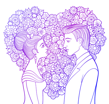 Vector outline illustration of a young couple. Man and woman looking at each other. Young lady in evening dress with butterfly in her hairのイラスト素材