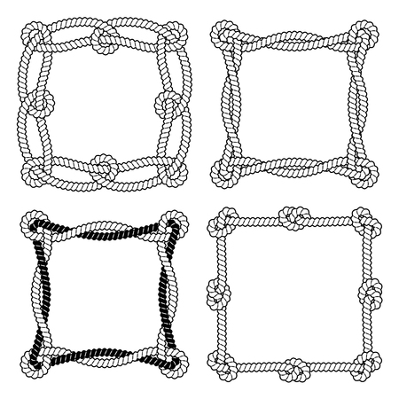 Set of 4 black and white rope vector square frames with knots and loops.のイラスト素材
