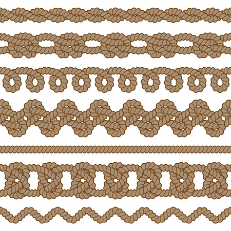 Set of monochrome rope vector seamless borders with knots and loopsのイラスト素材