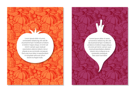 Card design templates on agricultural theme. Red brochures with images of tomato and beetrootのイラスト素材
