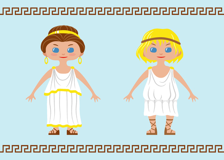 Two characters in chibi style wearing traditional ancient Greek costumesのイラスト素材