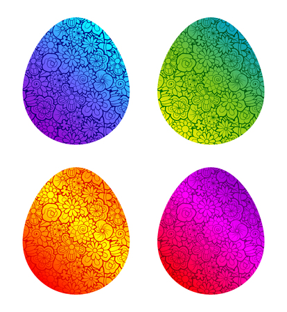 Set of 4 decorative Easter eggs with floral ornament painted in different colorsのイラスト素材