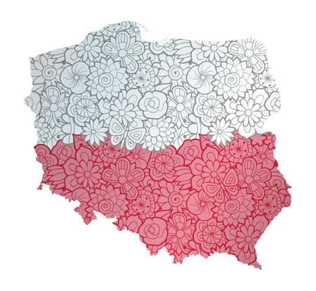 Flag and map of Poland with floral pattern. Conceptual vector illustration, isolated on whiteのイラスト素材