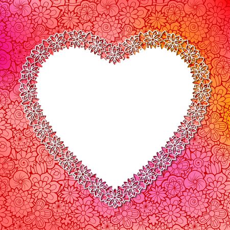 Lacy heart-shaped white floral frame with place for your text. Pink and red ornate floral background with flowers. Design template for Valentine âs Day greeting cards or wedding invitationsのイラスト素材