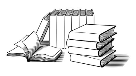 Big amount of books. Black and white retro style vector illustration, isolated on white backgroundのイラスト素材