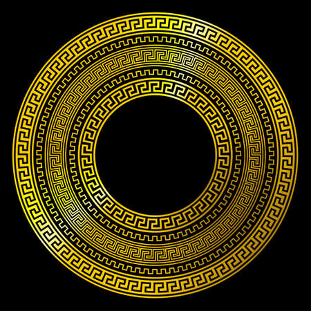 Set of Greek traditional meander frames. Isolated vector image, golden on blackのイラスト素材