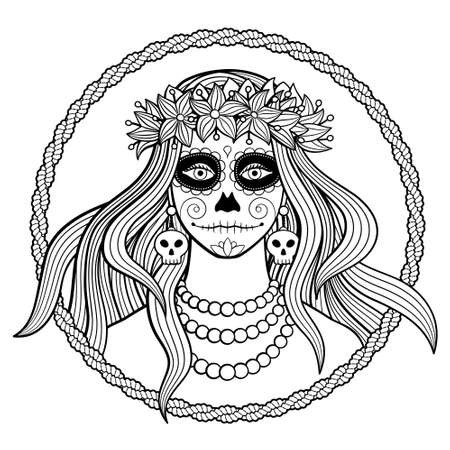 Black and white vector illustration of young woman wearing wreath of flowers with traditional make up for Dia de los Muertos (Day of the dead) celebrationのイラスト素材
