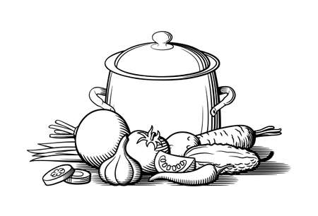 Composition of metallic pot and vegetables. Still life with pan, beetroot, garlic, tomato, potato, cucumber, carrot. Black and white vector illustration in retro styleのイラスト素材