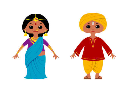 Two chibi style characters wearing traditional Indian costumes. Boy in dhoti, kurta and turban, and girl in blue sareeのイラスト素材