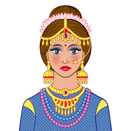 Beautiful Indian woman in traditional outfit. Colored vector illustration, isolated on white backgroundのイラスト素材