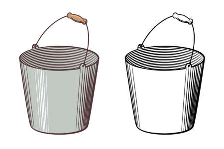 Empty metallic bucket with handle. Stylized vector illustration. Outline and colored versionのイラスト素材