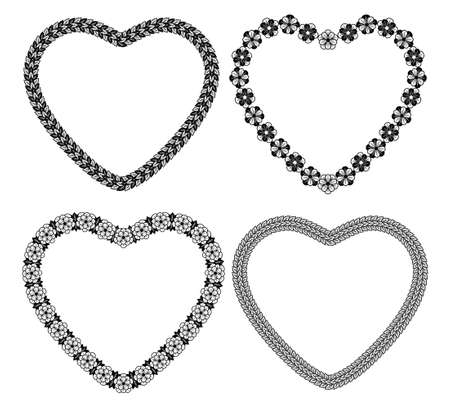 Set of 4 black and white heart shaped floral frames. Vector illustrationのイラスト素材