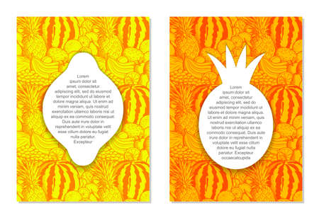 Vector set of 2 card design templates. Fresh fruits gardening tropical ecological summer food concept. Yellow and orange brochures with retro style fruit pattern on background and white frames in the shapes of lemon and pineapple with place for your textのイラスト素材