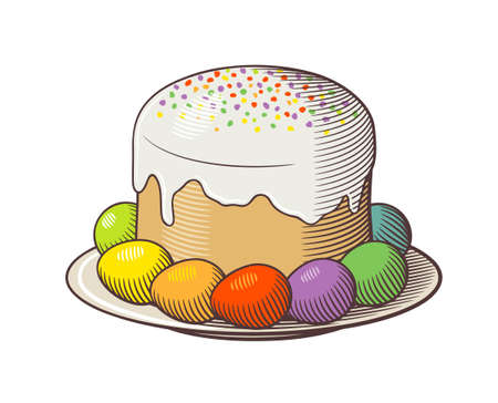 Traditional eastern European Easter cake kulich with frosting. Plate with dyed eggs. Colored retro...
