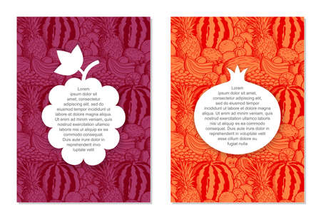 Vector set of 2 card design templates. Fresh fruits gardening ecological summer food concept. Red and maroon brochures with retro style fruit pattern on background and white frames in the shapes of grapes and pomegranate with place for your textのイラスト素材