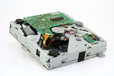 The disassembled mechanical loader and electronic connections for listening of compact disks in the...