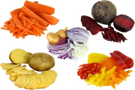 The potato, onions, beet, carrots and paprika are cut by slices for soup cooking. Isolated on white.の写真素材