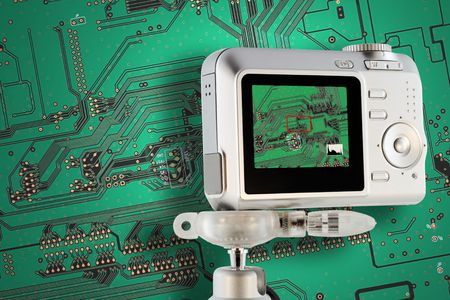 Industrial electronic printed circuit board testing with mass digital camera. 