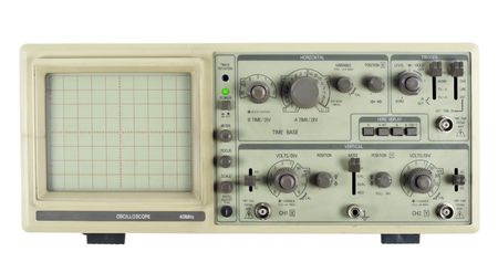 The old analogue measuring device- oscilloscope. Isolated on white, with set and screen patches. Mass production.の写真素材