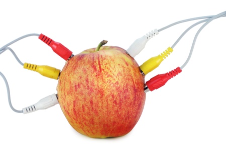 Apple connection on video data network isolated on white. Science and nature symbiosis conceptの写真素材